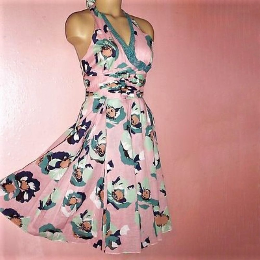 Catherine Malandrino Halter Dress~Double Pleat Skirt~Pink Green Cotton/Lace~8/M